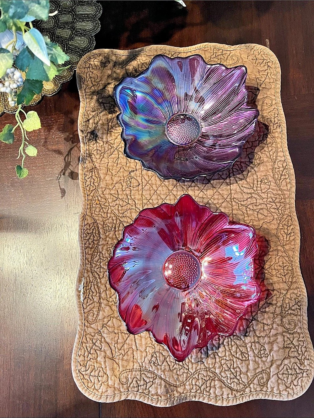 AKCAM Turkish Art Glass Iridescent Flower Shaped Decorative Bowls - Set of 2